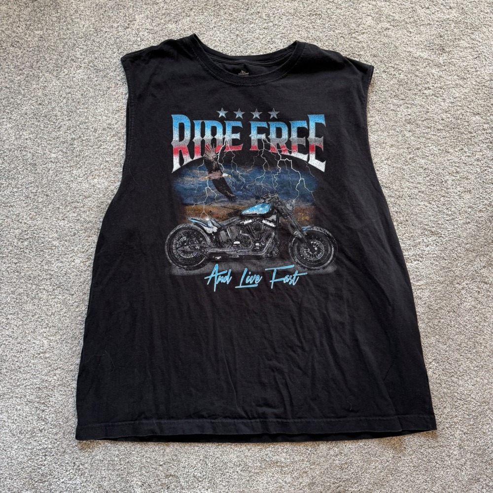 Y2K Biker Ride Free Live Fast Motorcycle Eagle Muscle Tank Black 2XL